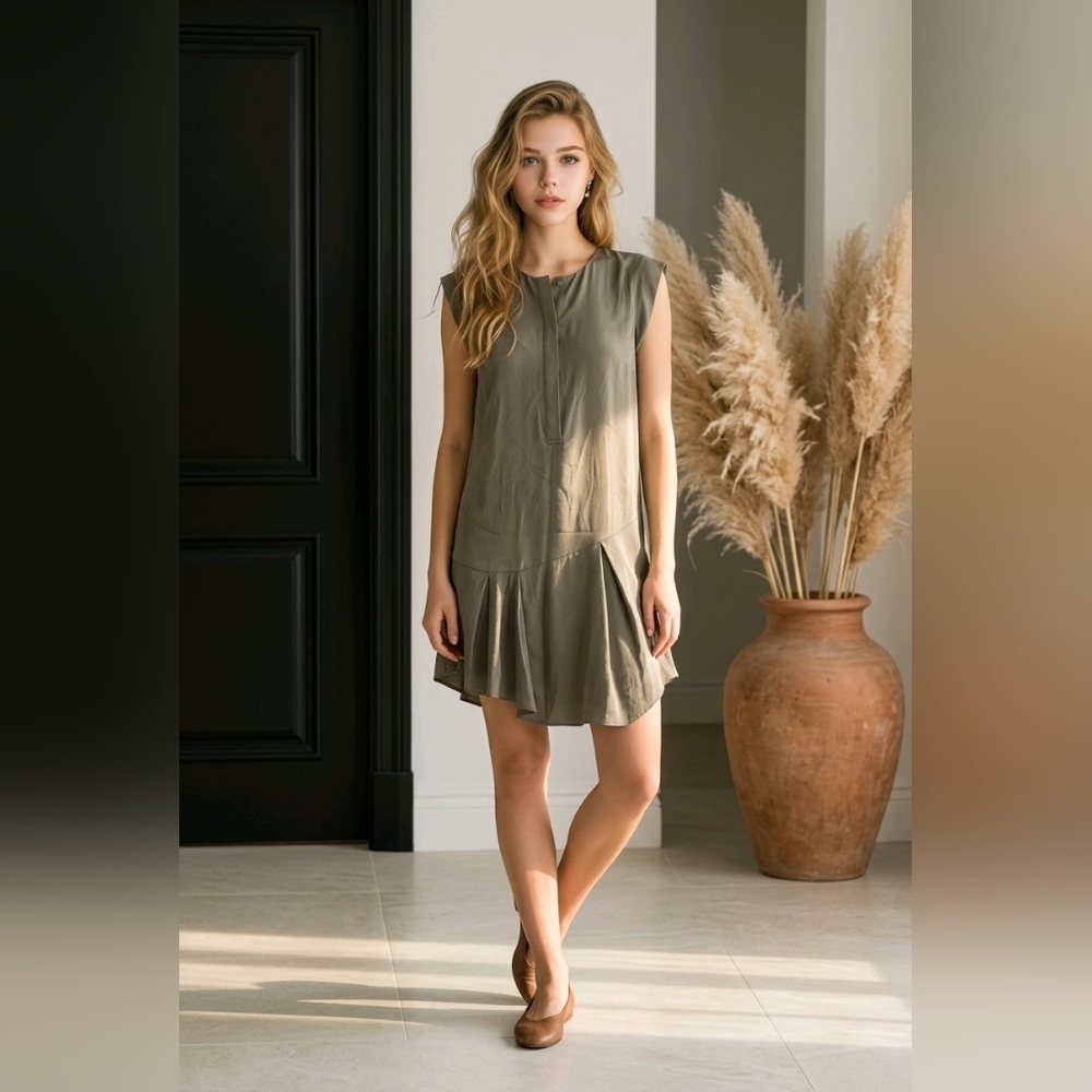 ALLSAINTS Olive Green Roka Dress SZ 0 Short Sleeve Shift Silk Blend Asymmetrical